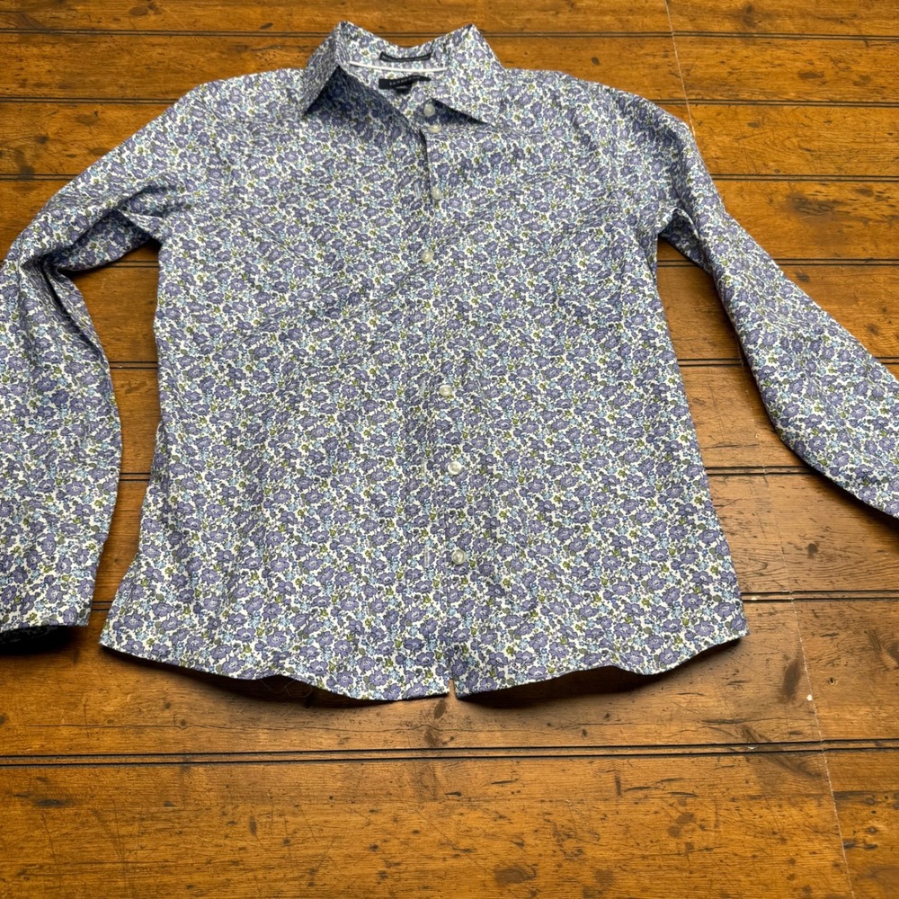 Lands End Womens 4P Purple Floral Print No Iron Oxford Button Down Shirt granny‎